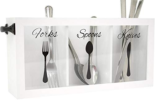 Blu Monaco Cutlery Caddy - Made of White Wood - Three Compartments for Forks, Spoons, Knives - Black Handles - Kitchen Utensil Organizer - Silverware Caddy - Flatware Caddy