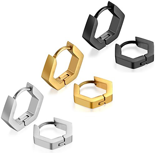JewelryWe Schmuck 3 Paare Herren Damen Creolen Ohrringe, Edelstahl Geometrisch Sechseck Hexagon Ohrstecker Ohrhänger Ohrschmuck Ohrklemmen, Silber Schwarz Gold