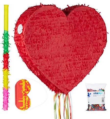 Relaxdays 4-teiliges Set Pinata Herz inkl. Stab & Augenmaske & Konfetti zum Befüllen mit Süßigkeiten romantisch hängend rot