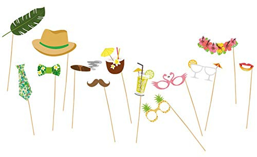 Das Kostümland Fotorequisiten Hawaii Party - Tropical 13-TLG. - Fotobooth witzige Urlaub Hawaii Motive für Gruppenfotos zur Mottoparty Blumenkette Schnurrbart Hut Lippen Cocktails