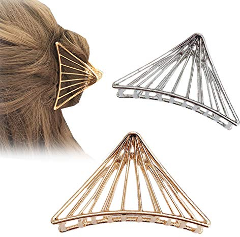 cuhair Haarspange aus Metall, groß, Vintage, Silber, Gold, Dreieck, hohl, für Frauen, rutschfest, Haarclip, dick, 2 Stück
