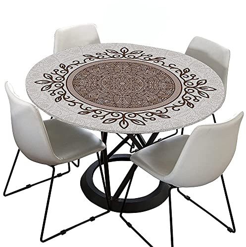 Morbuy Rund Tischdecke Elastisch, Böhmen Drucken Rund Tischdecken Wasserdicht Lotuseffekt Abwaschbar Abwischbar Tischtuch für Dekoration Küchentisch Garten Outdoor (Durchmesser 120cm,Beige)