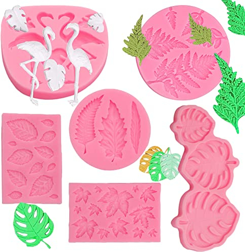 Ropniik Lot de 6 moules à gâteau hawaïens sur le thème de la forêt tropicale tropicale, flamant rose, feuilles de palmier, bonbons, chocolat, décoration de gâteau hawaïen sur le thème de l'été, fête