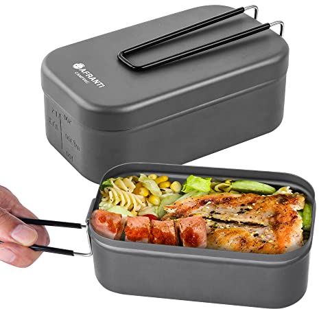 Afranti Aluminum Mess Tin Camping Bento Box Military Camping Cookware Kit Lightweight Lunch Container with Steaming Rack Set with Storage Bag for Picnic Hiking Fishing Cooking Outdoor 27oz/800ml