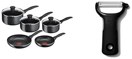 Tefal 5 Piece Origins Stone Pots and Pans set, Non Stick, Aluminium, Black, & OXO Good Grips Y Peeler