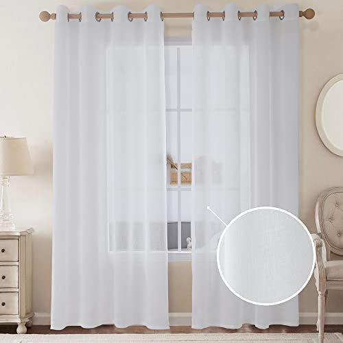 CUCRAF Voile Vorhang Leinenoptik Weiß Gardinen mit Ösen Gardine Halbtransparent für Schlafzimmer Wohnzimmer H245 x B140cm 2er Set