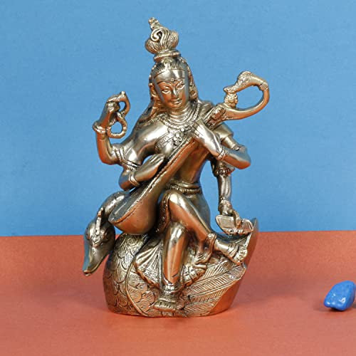 ARTVARKO Messinggöttin Saraswati Devi sitzend auf Schwan spielt Veena Statue Murti Idol für Home Office Puja Schaustück Geschenk Höhe 19,1 cm