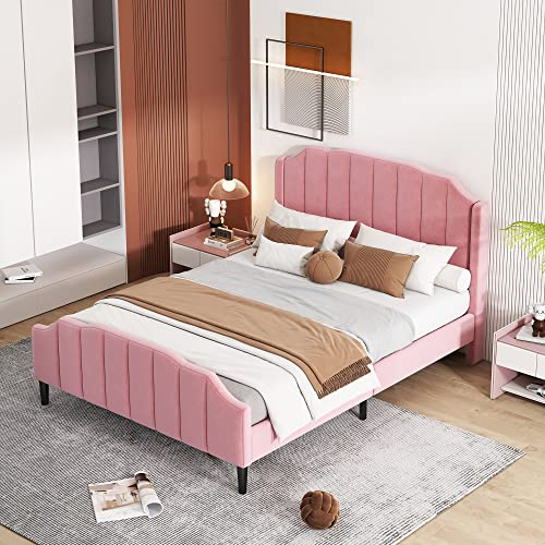 Polsterbett 140 x 200 cm,Doppelbett Bettrahmen mit Kopfteil, Fußteil und Lattenrost Beige Samt gepolstertes Jugendbett Gästebett (Rosa)