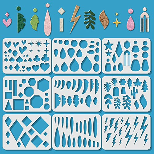 ORIGACH 9 Stück Wiederverwendbare Ohrringe Machen Vorlage Leder Ohrring Schablonen, Kunststoff schneiden Schablone mit verschiedenen Mustern für Ohrringe Halskette Machen Schmuck Handwerk