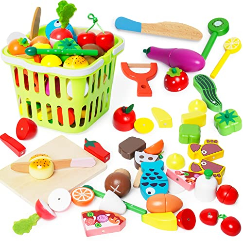 Fruits Légumes Jouets en Bois de Coupe pour Enfants Accessoire Cuisine Enfant Jouet en Bois Cuisine Aliments Bois Fruit et Légumes Jouets avec panier Simulation de Cuisson pour Fille Garcon 3 4 5 6Ans