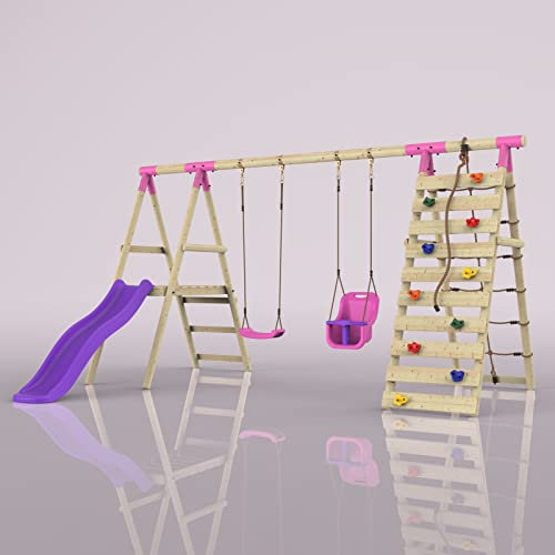 REBO Klettergerüst mit Wellenrutsche, Kinder-Schaukel und Babyschaukel | Outdoor Schaukelgerüst Garten mit Kletterwand, Kletterseil | Stabile Konstruktion, Weiches Gefühl in den Seilen Pink