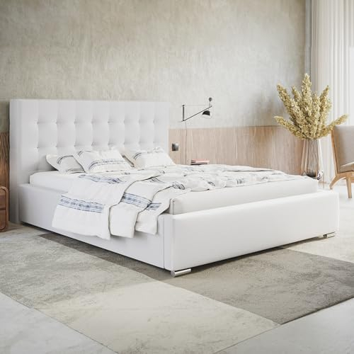 MOTIVENA Deli Polsterbett 180x200 mit Bettkasten, Bett 180x200 mit Lattenrost, Bett 180x200 mit Stauraum, Stauraumbett 180x200, mit Kopfteil, ohne Matratze, Kunstleder, Weiß (Weiss)