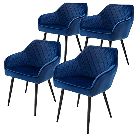 ML-Design 4er Set Esszimmerstühle mit Armlehne und Rückenlehne, Dunkelblau, Küchenstuhl mit Samtbezug, Polsterstuhl mit Metallbeinen, Ergonomischer Stuhl für Esstisch, Esszimmerstuhl Wohnzimmerstuhl
