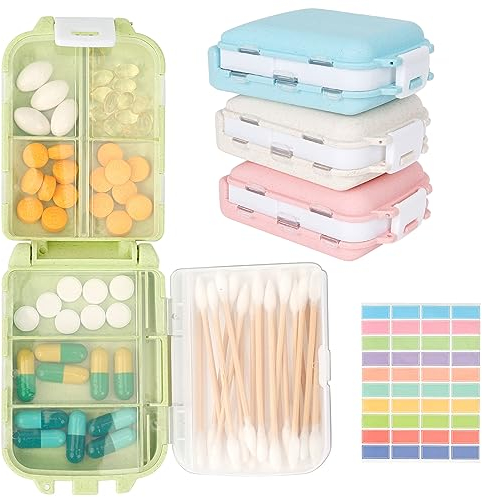 4Pcs Reise Pillendose Klein, 8 Fächer Tablettenbox 7 tage Medikamentenbox Klein Unterwegs mit Etiketten, Tabletten Organizer um Medizin, Vitamin zu speichern, Pillen Organizer für Reise & Tägliches