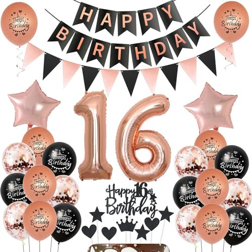 ballons 16 ans fille anniversaire Décoration noir or rose,ballon anniversaire 16 ans fille Décoration 16 ans anniversaire ballons,Gâteau Topper 16 ans fille anniversaire Décoration or rose