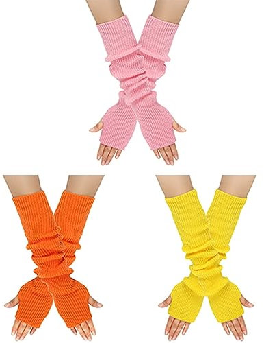 MoreChioce 3 Paar Frauen Lange Fingerlose Handschuhe, Winter Gestrickt Armstulpen Ellenbogenlange Handgelenk Pulswärmer Damen Halbfingerhandschuhe Fäustlinge Strickhandschuhe mit Daumenloch,Bunt #D