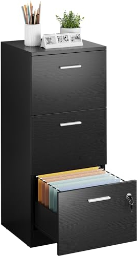 YITAHOME Aktenschrank mit 3 Schubladen, Büroschrank Abschließbar,101 cm Vertikaler Aktenschrank für Aktenordner in A4-Größe, Schubladenschrank für Zuhause und Büro (schwarz)