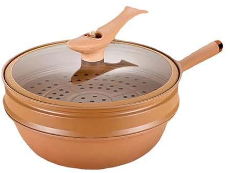 Wok De Cerámica con Tapa, Olla Saludable Antiadherente De Arcilla, Fondo De Olla Concentradora De Energía, Cerámica, Cocer Al Vapor Y Cocinar Todo En 1 Wok para Freír con Fondo Plavno, Sartén Grande