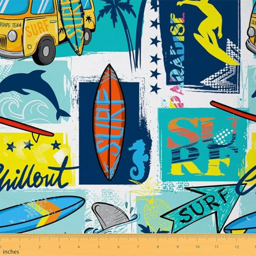 Surfbrett Sport Stoff Von The Yard Für Möbel, Hawaii Hai Delfin Stoff Für Stühle Diy, Hippie Tropischer Baum Outdoor StoffHandwerkHobby,184x150