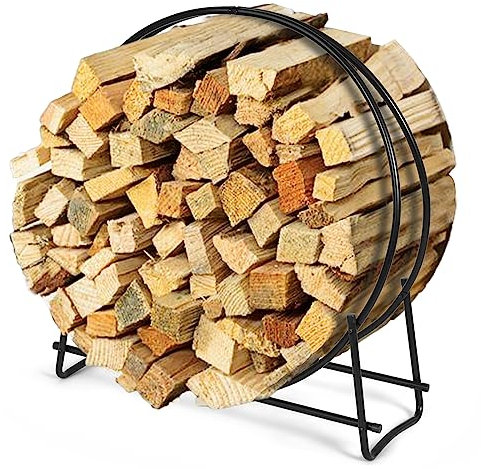 GYMAX Estantería Redonda para Leña, Leñero Decorativa de Metal con Patas Elevadas, Estante de Almacenamiento de Leña para Interior y Exterior, Ideal para Chimenea, Barbacoa y Hoguera, Negro