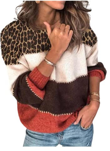 HEYPORK Damen Herbst Winter Warm Bequem Pullover Casual Mode Strickjacke Strickpullover Frauen Persönlichkeits Colorblock Rundhals Pullover Lockerer Strickpullover(G Rot, L)