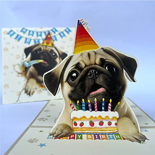 Momapopup 3D-Pop-Up-Pop-Up-Karte mit Mops-Motiv, niedlicher Hund mit Kuchenfeier, skurriler Happy Birthday Gruß für Hundeliebhaber – Mops-Hund, 3D-Geburtstagskarten (Mops-Hund)