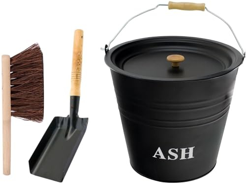 Almineez 12L Steel Ash Bucket with Lid Wooden Handle + Shovel & Brush Fireside Fireplace Coal Logs BBQ Storage Holder Firepits Hearth Wood Burning Stoves Fire Pit Wood Burning Stove Bin