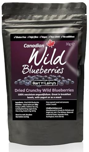 Bart 'n' Lainy's Dried Canadian Wild Blueberries, 5 x 30g pouches, vaccinium angustifolium, no additives, crisp crunchy texture, great in cereal, breakfast bowls, yogurt and for snacking.