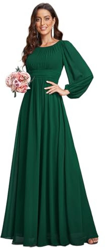 Ever-Pretty Damen Abendkleid Lang Elegant Maxi Hochzeit Lange Ärmel Chiffon Brautjungfernkleider Ballkleid Dunkelgrün 48