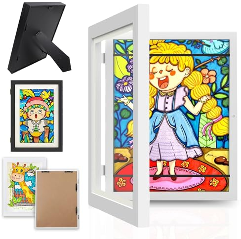Krobby – Kinder-Zeichnungsrahmen – Rahmen zur Aufbewahrung von Zeichnungen – Magnetische Frontöffnung und Verschluss – Platz für 150 Zeichnungen – Weißes Design – A4-Rahmen (21 x 29,7 cm)
