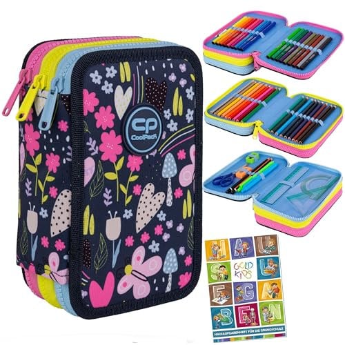 Goldkids - Federmäppchen 3 Fächer - Mäppchen für Mädchen und Jungen - Federmappe 3-Fach Federtasche Gefüllte Schüleretui 46-teilig - Schulmäppchen und Hausaufgabenheft - Garten Motiv