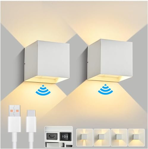 Rohociky 6000mAh Applique Batteria da Parete,2 Pezzi Applique da Parete Interno con Sensore di Movimento,6W Luci da Parete a Batteria con 3 Modalità 3000K Bianco Caldo Lampada da Parete Interno,Bianco
