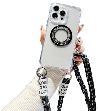 Emlivi Chaîne de téléphone portable magnétique pour iPhone 13 Mini - Compatible avec Mag-Safe - Coque chaîne en TPU - Avec cordon de suspension, anti-chocs - Pour iPhone 13 Mini - Noir