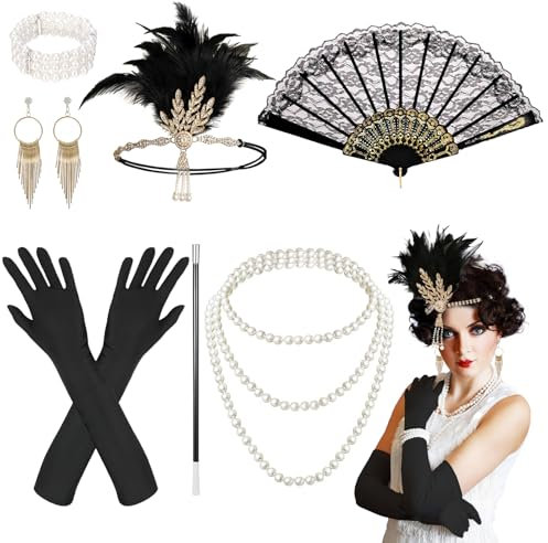 CIYIN 20er Jahre Kostüm Damen, 9 Stück 20er Jahre Accessoires, Gatsby Accessoires Damen mit Kopfbedeckung, Langen Schwarzen Handschuhen, Perlenkette, Ohrringen