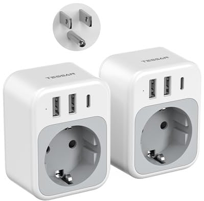 TESSAN Lot de 2 Adaptateur Prise USA, 4 en 1 Adaptateur Prise Americaine avec USB C et 2 USB A, Adapter Americaine 1875 W, Adapter France vers USA, Type B pour Thaïlande Canada Mexique