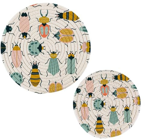 Kcldeci Topfuntersetzer, Käfer und Käfer, rund, gewebtes Topflappen-Set aus Baumwolle, geflochten, Untersetzer zum Kochen und Backen, 2 Stück