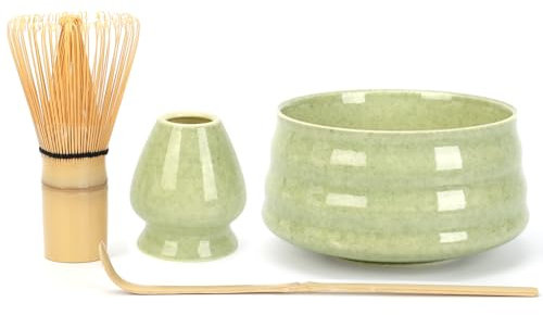 4-teiliges Matcha-Set mit Bambus-Besen (Chasen), Schale & Löffel (Chashaku) - Traditionelles Matcha Zubehör für Teezeremonie zuhause & im Büro - Geschenk in Grün