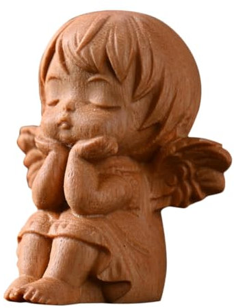 BESTonZON Kleine schlafende Engel Figur, handgefertigte Deko Engel Skulptur für Innen- und Außendekoration, ideal als Gartenengel oder Grabdeko, entzückendes Holzornament für Zuhause