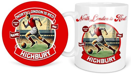 Personalised Arsenal Football Mug & Coaster Nostalgic Cup and Drink Mat Retro Football Dad Grandad Birthday Gift for Him NFC02