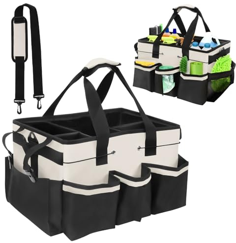 Cleaning Caddy Bag with Handle, Large Wearable Cleaning Supply Organizer Multifunctional Cleaning Caddy Bag with Adjustable Shoulder Straps Cleaning Supplies Tote Bag for Housekeepers (White)