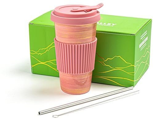 TIANNA VALLEY Travel Coffee Mug Pink, Tasse à café en céramique avec couvercle et paille (15oz/450ml), Tasse de voyage fantaisie fabriquée à la main, gobelet avec couvercle allant au micro-ondes