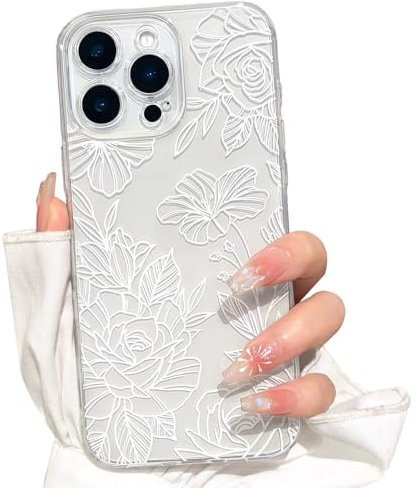 NITITOP Compatible with iPhone 13 Pro Max Case Cute Clear White Flower Floral Line Design for Women Girls Transparent Full Camera Slim Soft TPU Shockproof Protective Phone Cover - White