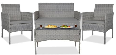 YOEVU Set Jardín 4 Piezas Ratán Sintético Gris | Sofá y Sillas con Cojines Lavables, Mesa Cristal Templado, Resistente Agua/Sol, Ideal Terraza, Patio, Balcón