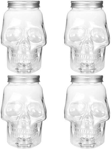 HiyyFloy Spooky Skull Clear Plastic Drink Bottle 6pcs Empty Refillable Drinking Bottles with Lids Milk Beverage Bottles Candy Cookies Jar for Halloween Party Supplies Events 500ml