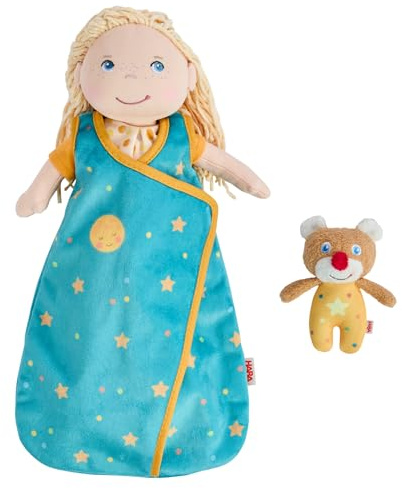 HABA Puppen-Schlafset Träum schön – Puppenschlafsack mit Mini-Teddy, für 30 cm Puppen, Waschbar bei 30°C, für Kinder ab 18 Monaten – 2011907001