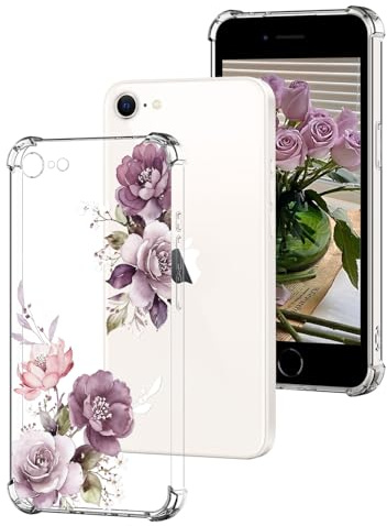 DiaryTown Cover per iPhone 8 / iPhone 7 Aesthetic Motivo Bello Trasparente Ultra Sottile Morbida Custodia in Silicone + TPU Antiurto Bumper Protettiva Case per Donne Ragazze - Peonia Viola