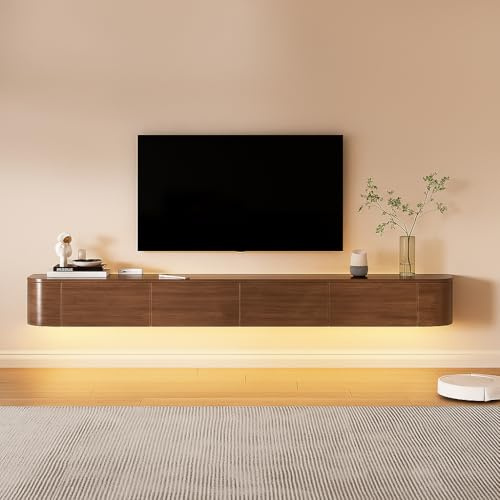 FGNIXLN Floating TV Unit,120-300CM Wall Mounted TV Cabinet, Floating TV Stand with Flip-Down Doors & Drawers, Modern TV Media Console Center Large Storage TV Bench (Walnut-Led, 180CM)