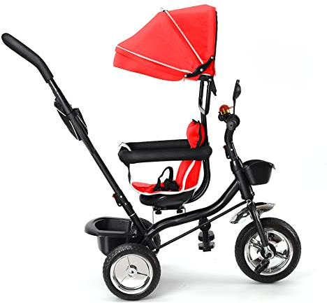 Homewell Baby-Dreirad, mitwachsend, mit Aufbewahrungskorb, Schiebestange und Rückspiegel, Trike Baby, Fahrrad, Kinderwagen, klappbares Verdeck, um 360 ° drehbarer Sitz, 9 Monate bis 3 Jahre (rot)
