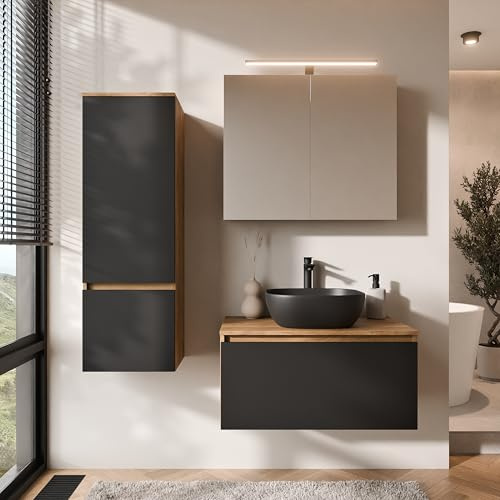 Planetmöbel Arisa Badmöbel Set Waschtisch mit Unterschrank | 80 cm, gold eiche schwarz mit ARIA Spiegelschrank und Hochschrank, Waschbecken 42 cm gold eiche schwarz, Raumsparsiphon