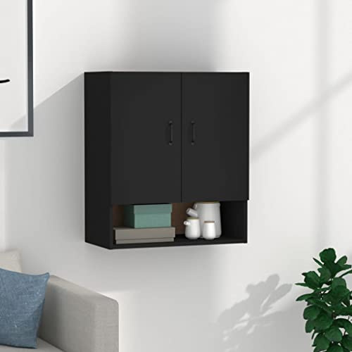 Wandschrank Schwarz 60x31x70 cm Holzwerkstoff mit 2 Türen und 1 offenem Fach für Stauraum, Hängeschrank zur Wandmontage mit robustem Material und elegantem Design